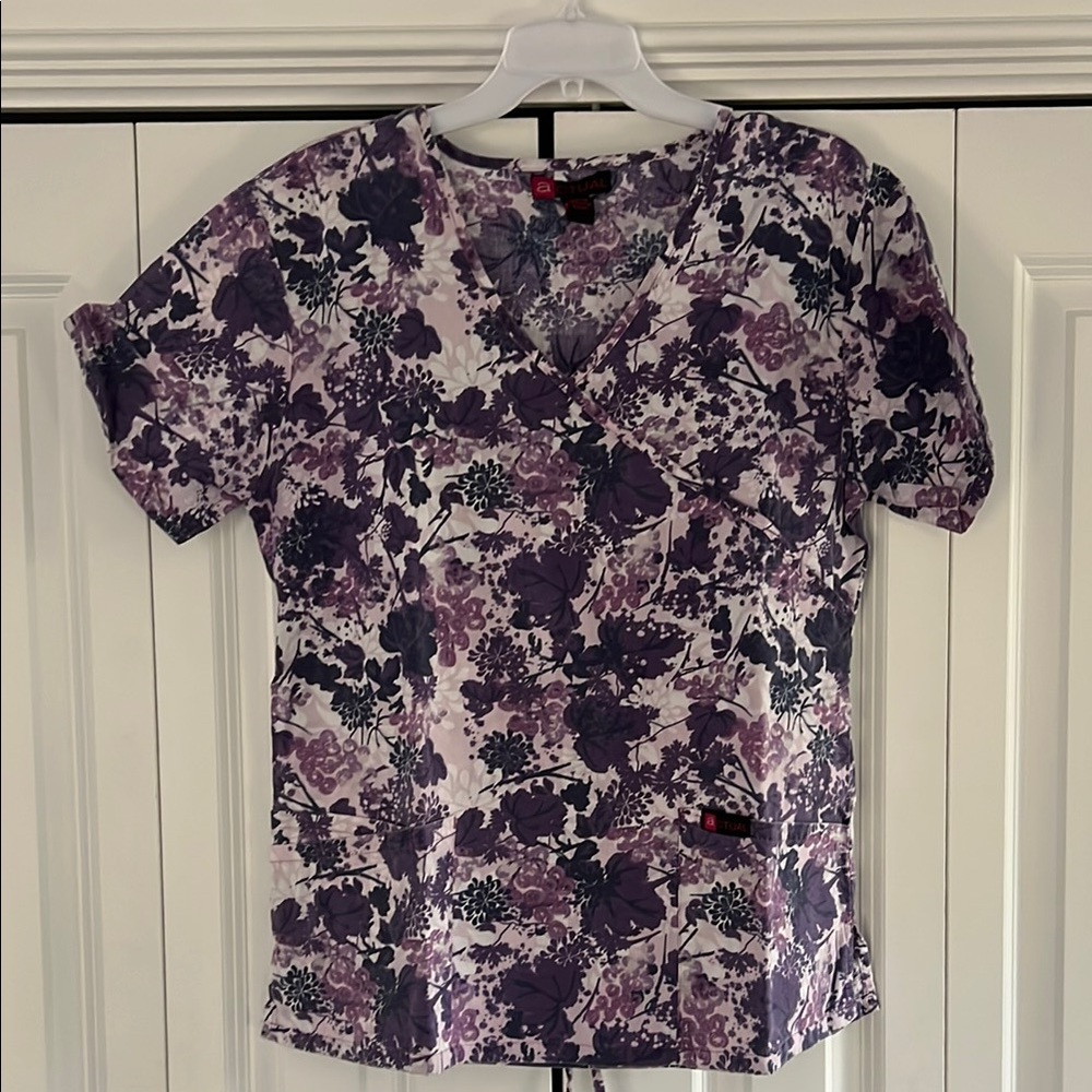 Floral V-Neck Women's Scrub Top - Purple